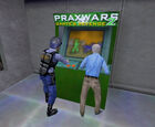 Security guard and scientist playing Prax Wars 2: Dante's Revenge in a lavomat.