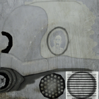 Texture file for the head, showing hidden elements, such as the head of a frightened man and Ted Backman's stylized signature on the bottom-left.