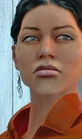 Closeup of Chell's face.