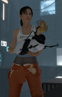 Chell with GLaDOS attached to the Portal Gun.