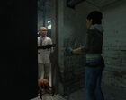 Kleiner greeting Alyx and Gordon with a shotgun and Lamarr, mirroring a scene from Half-Life.