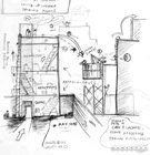 Concept art of the apartment building, including the corpse of a child on the ground floor.