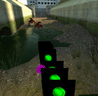 Red Bullsquids attacking the player in the map "d1_canals_02", with the toxic spit sprite not showing properly.