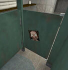 One of the toilets reveal a photo of a man with eggs (or Easter eggs) in his eye sockets. This picture can be found again in a vent later in Focal Point. The person is one of the developers for Gearbox.