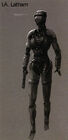 Concept art for "I.A. Latham", simply referred to as "female protagonist" in Raising the Bar. This denomination likely refers to a very early version of Alyx (being "protagonist" and not "antagonist"), where she was to wear leather straps and probably a breathing mask with a single "eye", recycled in the Combine Assassin, and originally to retract and reveal the face.