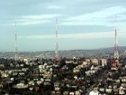 The three radio towers of Queen Anne, viewed from the Space Needle in Seattle.