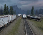 Railway and damaged railroad cars in the White Forest.