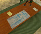 A Displacer Cannon blueprint chart seen on a table in the same chapter.