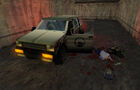 Abandoned Black Mesa SUV, with a dead scientist and security guard.