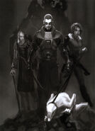 Концепт-арт Илая Максвелла, Гордона со своей монтировкой, Аликс, Скитч и Пса, сделанный в первый год разработки Half-Life 2.