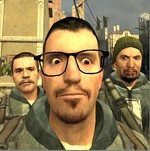 Фроман, надев очки, пародирует Гордона Фримена.