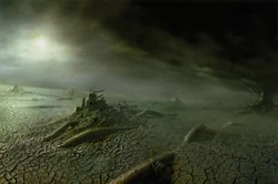 Arte conceptual del Yermo alrededor de Ciudad 17, con restos y grietas en el suelo.