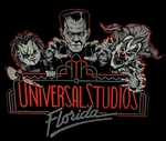 Chucky alongside Frankensteins Monster & Jack The Clown in the Retro Universal Studios Florida Logo Image from Universal Orlando Resort