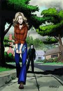 Comic Laurie Strode walks with Michael Myers in background