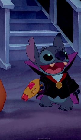 Stitch dressed as a vampire on Halloween