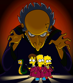Promotional artwork for the episode, which oddly depicts Harry Potter himself as prominently as Bart and Lisa.