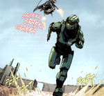 Master Chief under fire from a SkyHawk on an attack run.