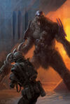 Concept art of a Jiralhanae and ODST in battle.