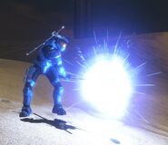 A blue Spartan using a 7 wood.