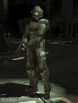 Captain Veronica Dare wearing an ONI-issued variant of the ODST armor with a Recon helmet.