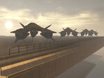 F-99s on the carrier off the coast of Longshore. These drones are much more similar to the concept drawing seen in The Art of Halo 3, rather than the boxy simplified version seen in Halo 3: ODST.