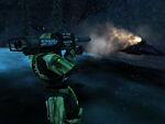 John-117 fires a rocket at a Covenant Wraith.