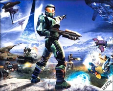Un fond d'écran de Halo : Combat Evolved représentant une bataille.