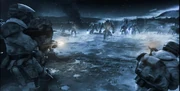 UNSC and Covenant units clash in-game. Note in particular the apparent Halo in the background of the screenshot.