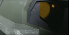 An in-engine close up of Master Chief's helmet showing immense texture detail.