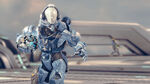 A blue Spartan-IV carrying the Oddball, on the Halo 4 map, Haven.