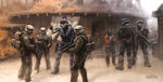 Concept art of Noble Team interacting with Civilians and Army Troopers.