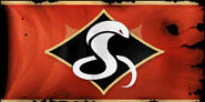 An emblem of a cobra on the red team flag.