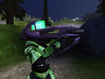 A SPARTAN with a fuel rod gun in Halo PC multiplayer.