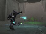 A Sangheili throws a Plasma grenade at oncoming Flood