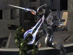 Halo 2 Ultra battling John-117 in a sword duel.