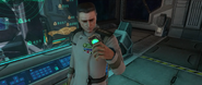 Captain Jacob Keyes holding a data crystal chip in Halo: Combat Evolved Anniversary.