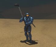 A blue Spartan holding a 7 wood.