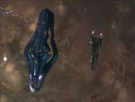 A UNSC frigate facing a SDV-class heavy corvette.