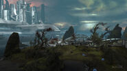 A city on Reach. Notice the space elevator in the distance on the right-hand side.