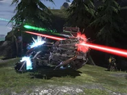 An Anti-Air Wraith being hit by a Spartan Laser.