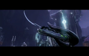 A screenshot of one image shown in the trailer following the campaign level shown at E3 2012. It shows Banshees flying around a structure.