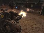 A UNSC Army Trooper fires a grenade launcher.