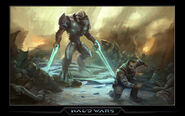 An Elite wielding dual Energy Swords charges at a fleeing Marine in Halo Wars.