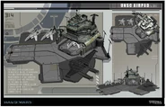 An early concept art image for the UNSC Airpad. Note the Falcons on the runway and one in the hangar, and a Shortsword docked with wings retracted.