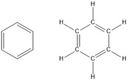 Structure of benzene with the line-structure on the left (sometimes drawn as an hexagon with a circle in the middle) and the ordinary structure on the right.