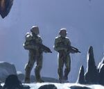 Two SPARTAN-IIIs in Mark II SPI armor on the cover of Halo: Last Light.