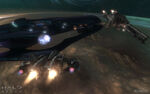 UNSC Savannah and a Sabre engage a SDV-class heavy corvette over Reach.