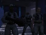 Fireteam Charlie, accompanied by Captain Keyes, hold their position outside a locked door.