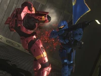 A blue team player protecting the flag.