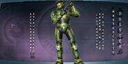 A rotating model of John as he appears in Halo 2, along with cipher alphabet